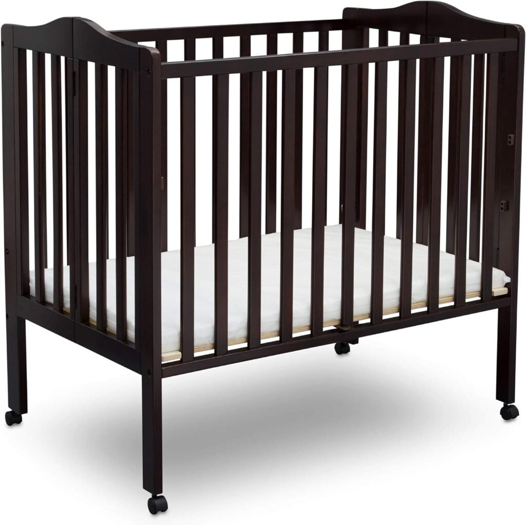 Delta Children Folding Portable Mini Baby Crib with 1.5-inch Mattress - Greenguard Gold Certified, Grey