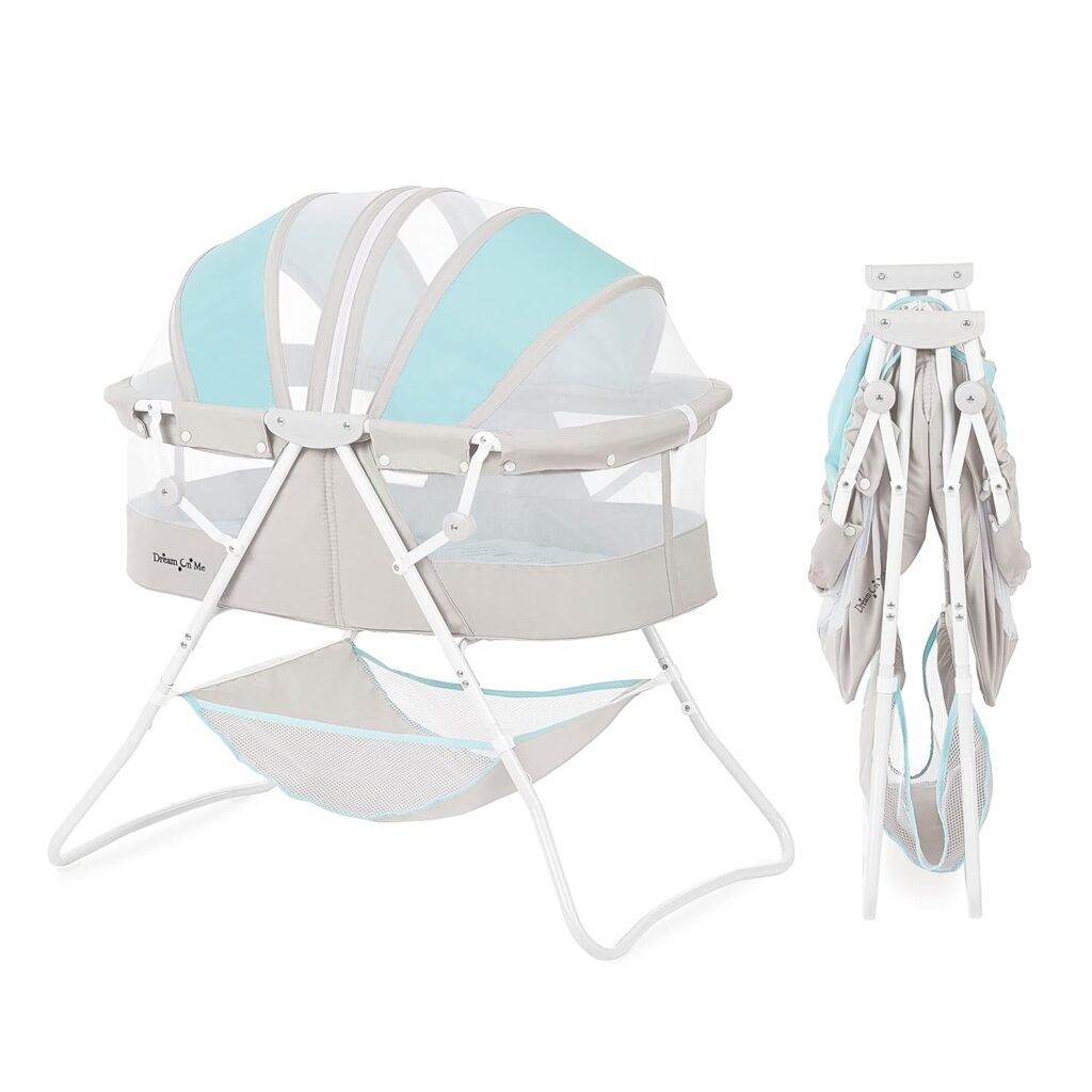 Dream On Me Karley Bassinet in Blue  Grey, Lightweight Portable Baby Bassinet, Quick Fold and Easy to Carry , Adjustable Double Canopy, Indoor and Outdoor Bassinet with Large Storage Basket.