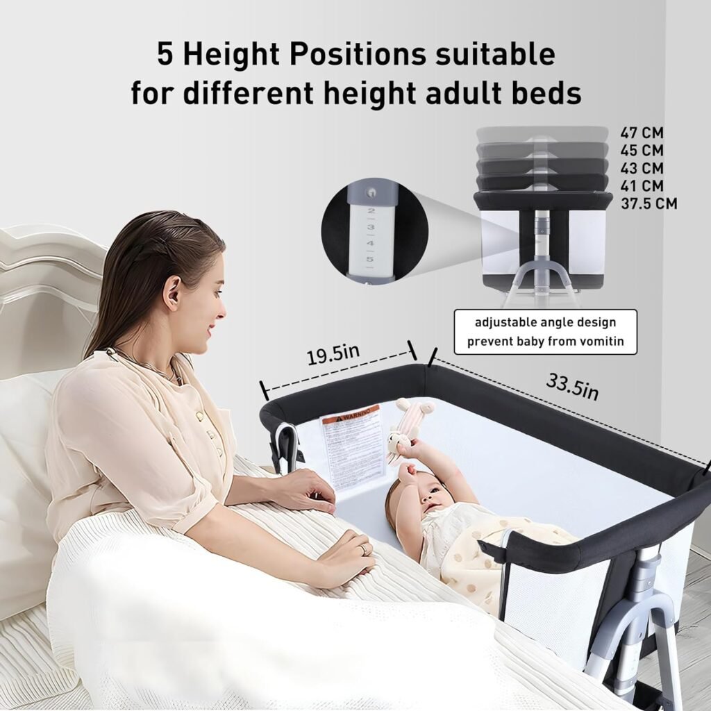4 in 1 Bedside Bassinet for Baby, Portable Baby Bassinet with Wheels, Baby Crib with Changing Station, Mattress Included and Storage, Foldable Travel Bassinet for Baby/Infant/Newborn- Black